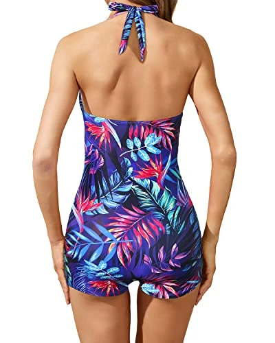 Ruched Full Coverage Swimsuits Retro One Piece Bathing Suit-Blue Leaves - Image 2