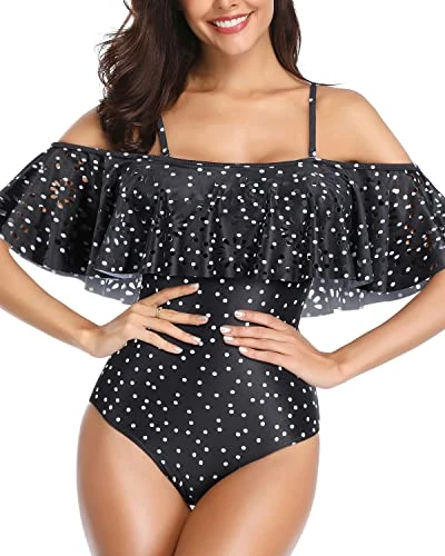 Women One Piece Off Shoulder Lace Swimsuits-Black White Dot - Image 3