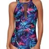 Fashionable Plunge Neck Mesh Monokini Women One Piece Swimsuit-Blue Leaves