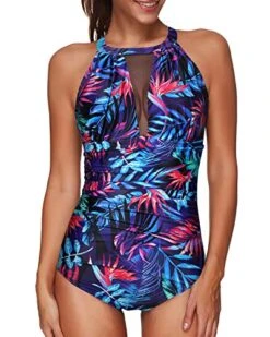 Fashionable Plunge Neck Mesh Monokini Women One Piece Swimsuit-Blue Leaves