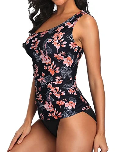 Padded Bra One Shoulder Tankini Top Bikini Bottoms-Black Pink Flower - Image 3