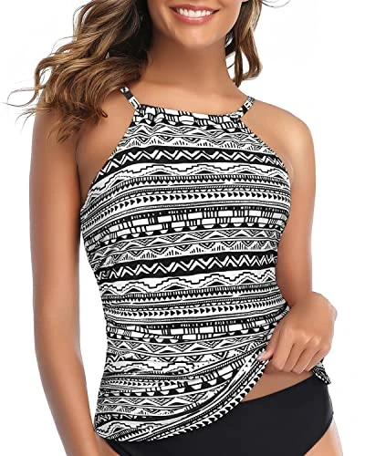 Adjustable Neck Tunnel Straps Women Tankini Top Only-Black And White Stripe - Image 4