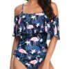 Eye-Catching Off Shoulder Ruffle One Piece Bathing Suit-Blue Flamingo