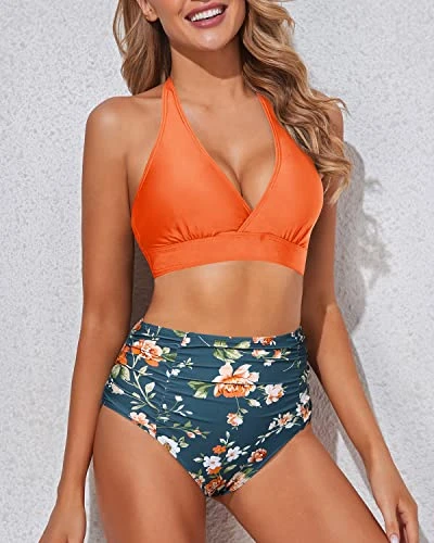 Halter Self Tie High Waisted Bikini Set Women's Bikini Swimsuits-Orange Flowers - Image 3