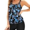 Women Two Piece Tankini Swimsuits Blouson Modest Swim Top-Black Floral