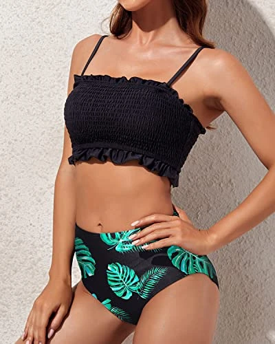 High Cut Bandeau Two Piece Bikini Tummy Control Bottoms-Black Leaf - Image 3