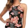 Push Up Padded Bra Ruched Women Tankini Top Only-Black Orange Floral
