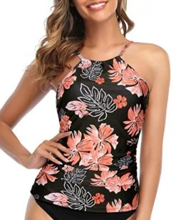 Push Up Padded Bra Ruched Women Tankini Top Only-Black Orange Floral