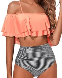 Elegant High Waisted Bikini Set Swimsuit Tummy Control-Coral Pink Stripe