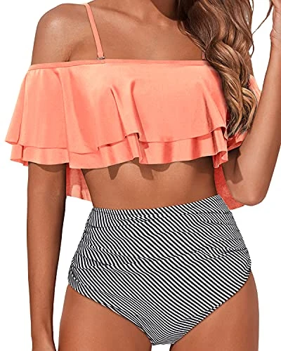 Elegant High Waisted Bikini Set Swimsuit Tummy Control-Coral Pink Stripe