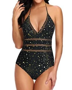 Elegant Curves Accentuating Monokini Halter One Piece Swimsuits-Gold Stars