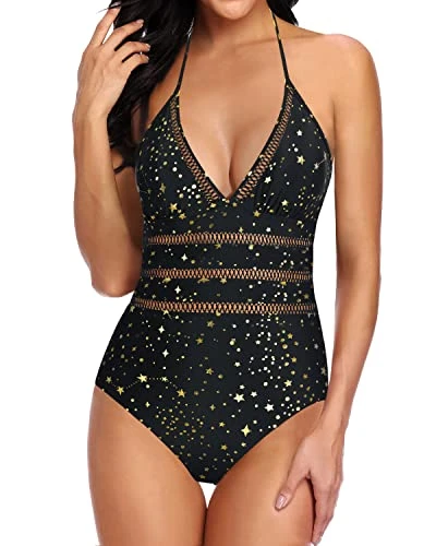 Elegant Curves Accentuating Monokini Halter One Piece Swimsuits-Gold Stars