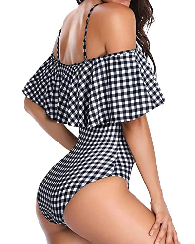 Stylish Off Shoulder One Piece Swimwear For Girls-Black And White Checkered - Image 4