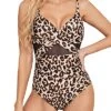Women's Push Up Tummy Control Cutout V Neck One Piece Swimwear-Leopard
