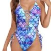 Flattering Lace Up Bathing Suits Womens 1 Piece Swimsuits-Blue-Purple Mermaid Scales