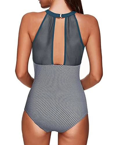 Charming Push-Up One Piece Swimsuit Neck Hook For Women-Teal Stripe - Image 2