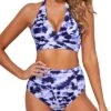 Removable Soft Padded Bra Halter High Waisted Bikini Set For Women-Purple Tie Dye