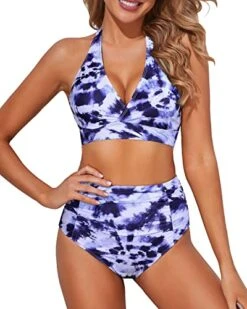 Removable Soft Padded Bra Halter High Waisted Bikini Set For Women-Purple Tie Dye