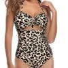 Feminine Cutout High Waisted Halter Front Tie Knot One Piece Cutout Swimsuits-Leopard