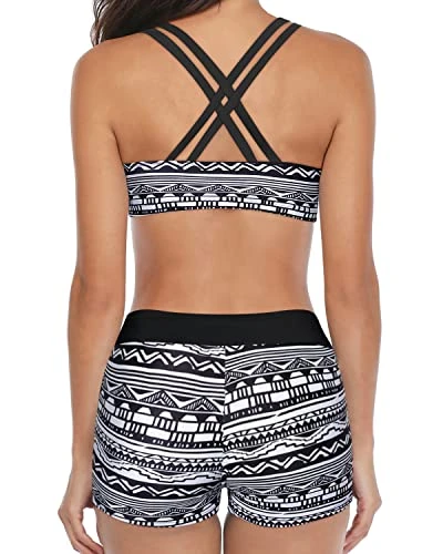 Sports Bra & Shorts Athletic 3 Piece Swimsuits-Black Tribal - Image 4