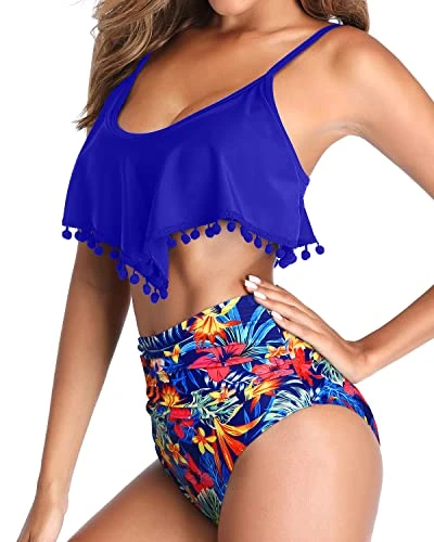 High Waisted Bikini Ruffle Swimsuit Bottoms Ruched High Rise Bottom-Royal Blue Floral - Image 4