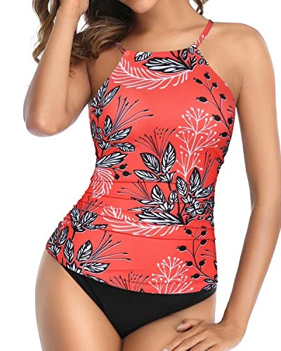 Padded Push Up Tummy Slimming 2 Piece Tankini Swimsuits For Women-Red Floral - Image 3