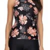Modest High Neck Tankini Shorts For Women-Black Orange Floral
