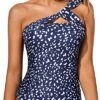 Flattering Ruched Bathing Suit Top Tummy Control Swim Tops-Navy Blue Dot