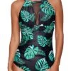 Sexy Mesh Ruched Women's One Piece Bathing Suit-Black And Green Leaf
