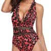 Comfy Padded Push Up Bra Criss-Cross Back One Piece Swimsuits-Red Leopard