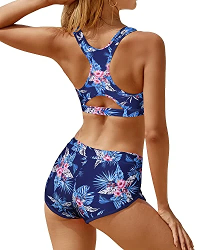 Mid Waist Boyleg Shorts Two Piece Bathing Suits For Women-Blue Floral - Image 2