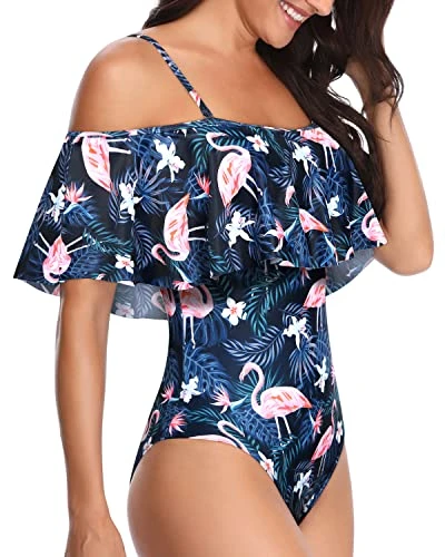 Eye-Catching Off Shoulder Ruffle One Piece Bathing Suit-Blue Flamingo - Image 3