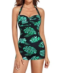 Adjustable Halter Neck Swimsuits Shorts Boyleg-Black And Green Leaf