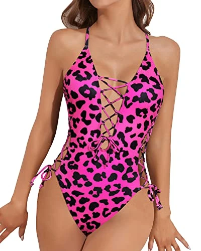 Sexy Lace Up One Piece Bathing Suits Deep Plunge V Neck Womens 1 Piece Swimsuits-Pink Leopard - Image 2