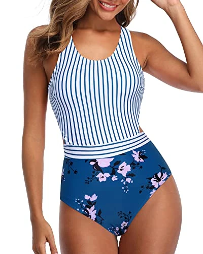 Teen Girls Tummy Control Cutout Bathing Suit-Blue Floral - Image 3