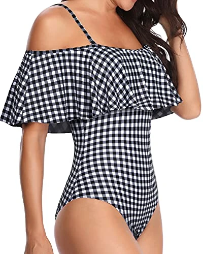 Stylish Off Shoulder One Piece Swimwear For Girls-Black And White Checkered - Image 3