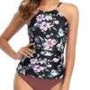 Charming High Neck Ruched Tankini Swimsuit For Women-Black Pink Flowers