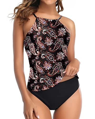 Sexy High Neck Ruched Tankini Swimsuit For Women-Black Tribal - Image 4