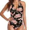Adjustable Halter Neck Tummy Control One Piece Swimsuits-Black Orange Floral