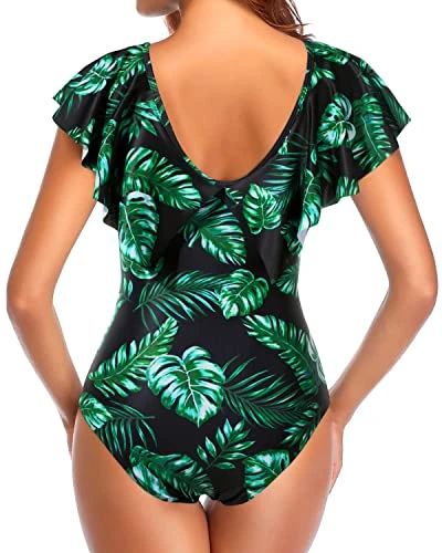 Women V Neck Flounce Sleeve Tummy Control Ruffle Shoulders One Piece Swimsuit-Black Green Leaves - Image 2