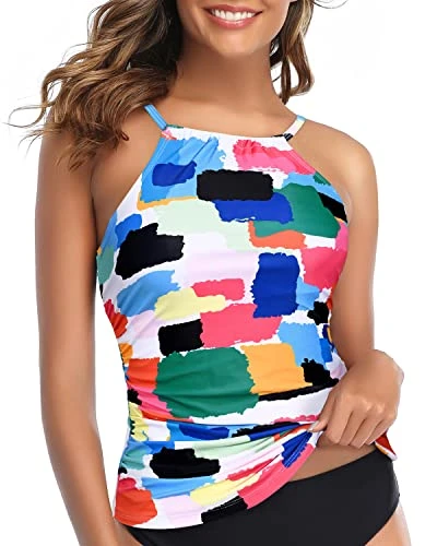 Women's High Neck Tankini Top Adjustable Straps And Padded Push-Up Bra-Aqua - Image 4