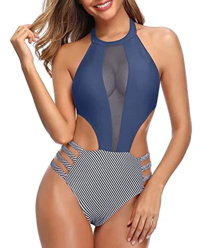 Hook Closure Center Back Sexy One Piece Bathing Suit For Women-Blue White Stripe - Image 3