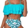 Fashionable Two Piece Bathing Suit For Women Tummy Control Bottoms-Light Blue Green Leaves