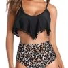 Removable Padded Bras Two Piece Bikini Swimsuit-Black And Leopard